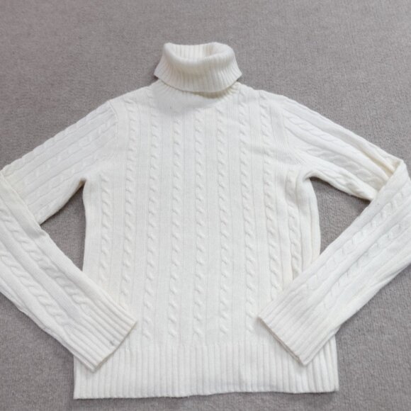 J.Crew Womens Sweater Small Ivory Solid Turtleneck Cable Knit Merino Wool Blend - Picture 1 of 9